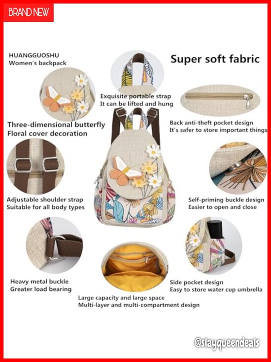 Boho Cotton Hemp Canvas Backpack Embroidered Casual Daypack Travel Purse Handbag main image 5